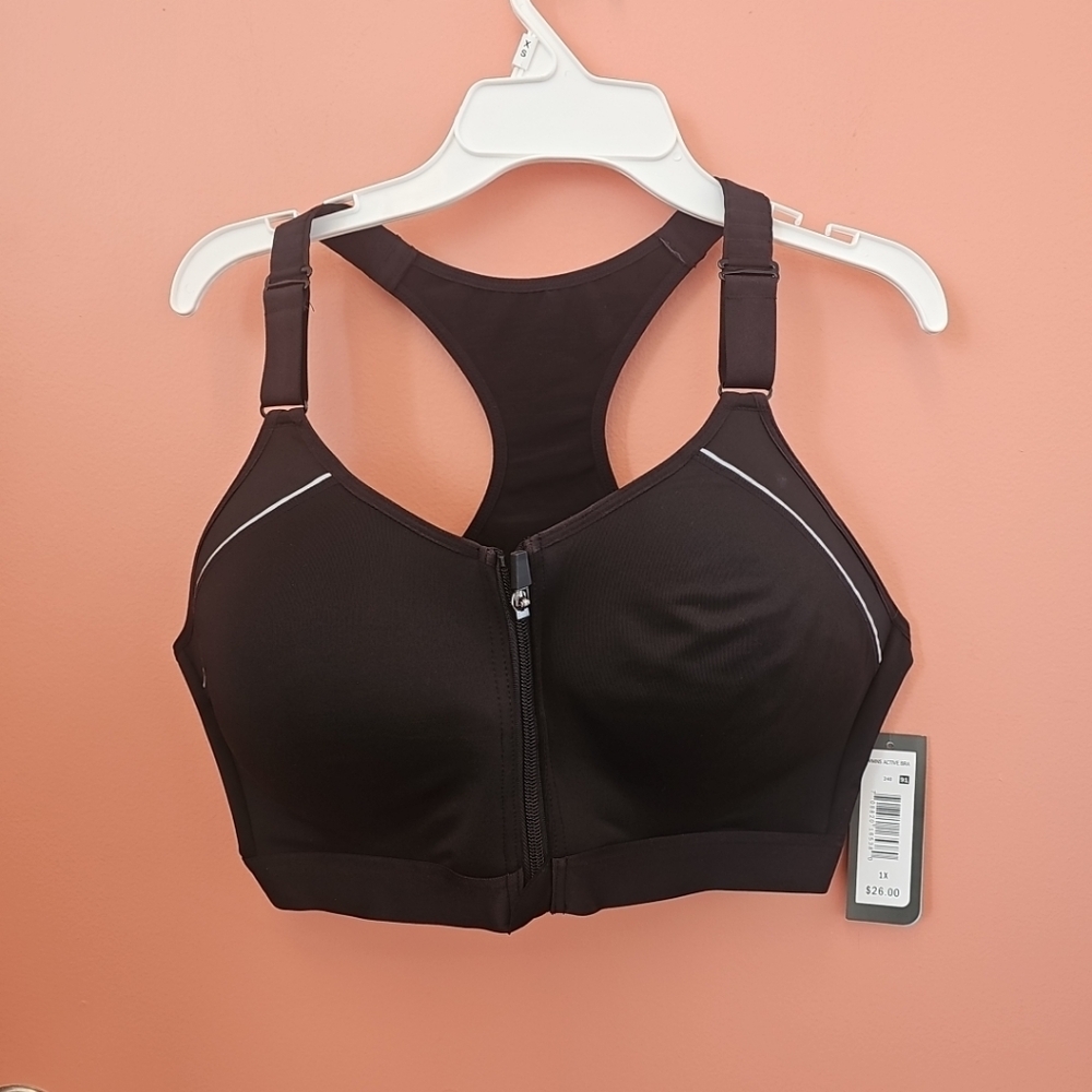 NWT MTA Sport Women's Size 1X Active Black Sports Bra Front Zipper Fast Dri